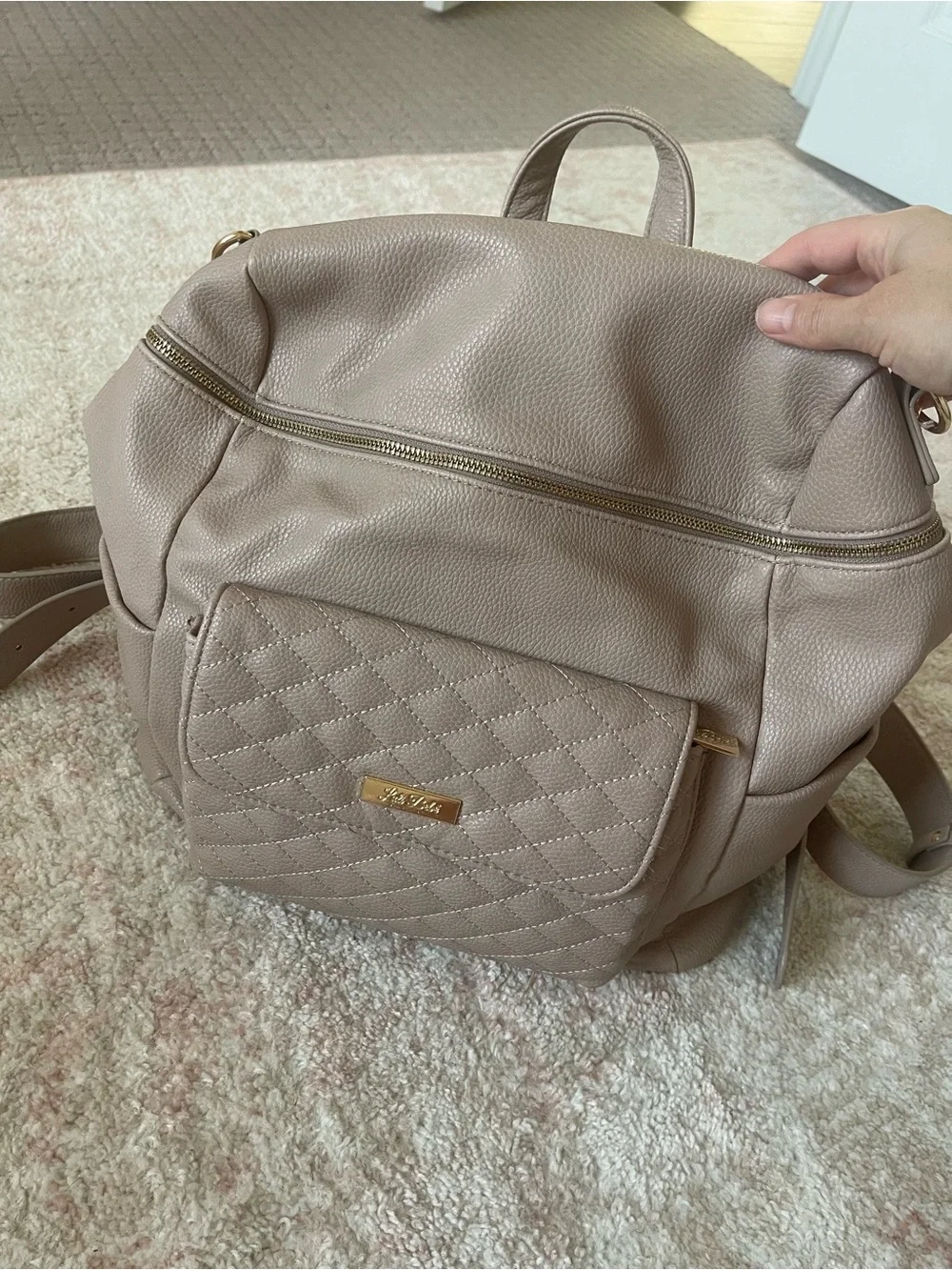 Quilted Front Backpack in Taupe with Gold Accents